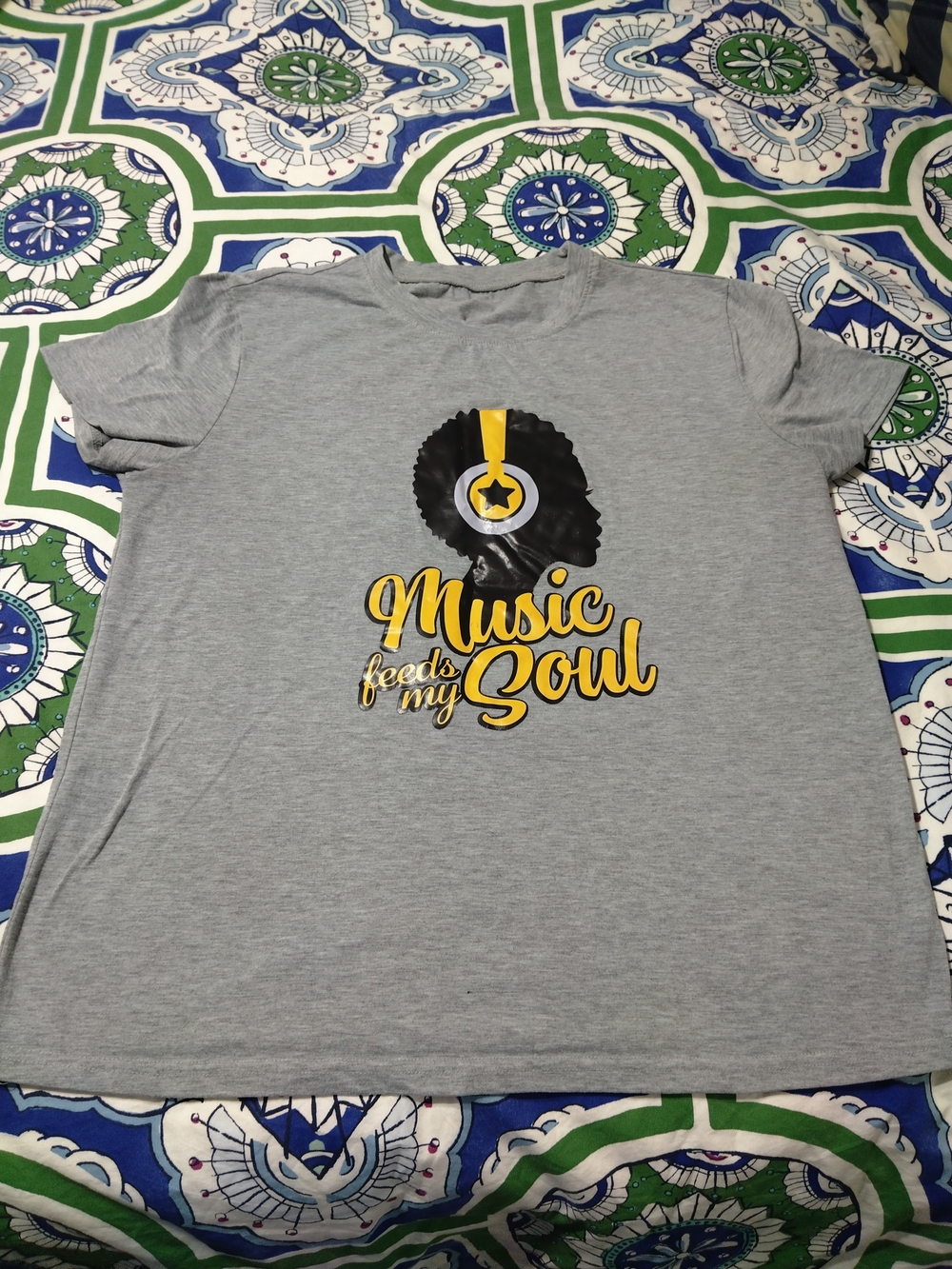Women's Gray Graphic Tee "Music Feeds My Soul" - Yellow & Black Print